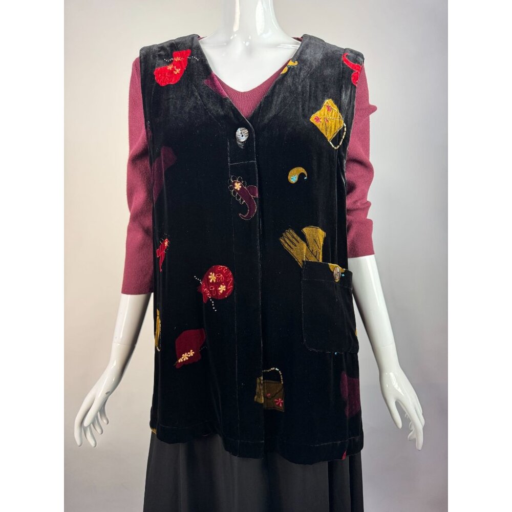 Vintage David Dart Collection Embroidered Velvet Vest Black Pink Whimsical Art W